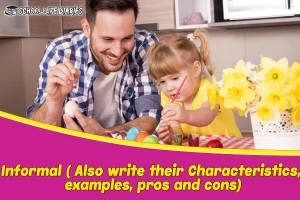 Informal ( Also write their Characteristics, examples, pros and cons)